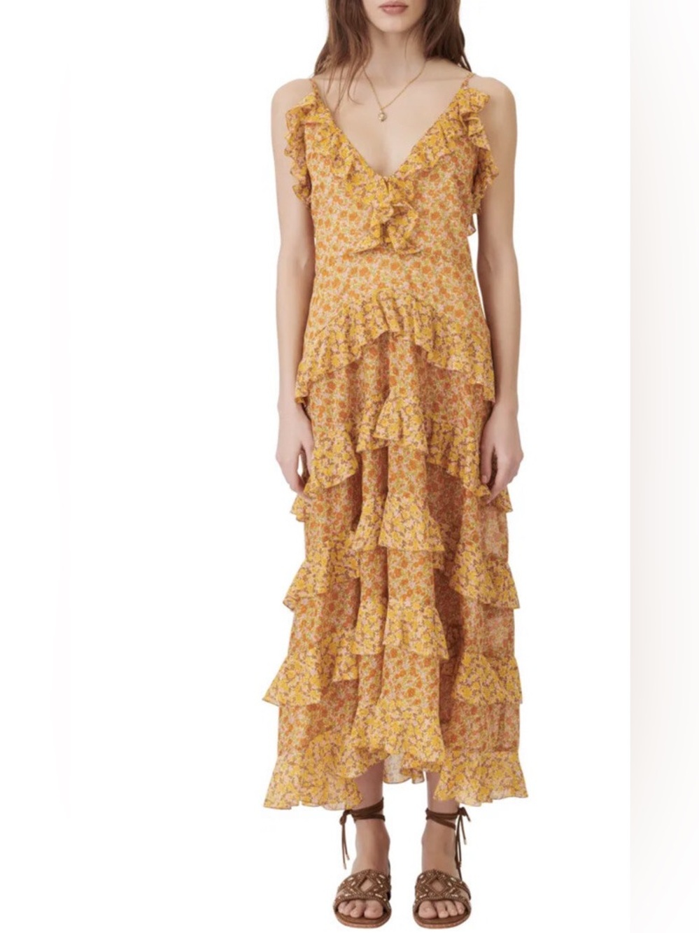NWT MAJE Rissol Floral Ruffle Sleeveless Cotton Maxi Dress Size US 0
